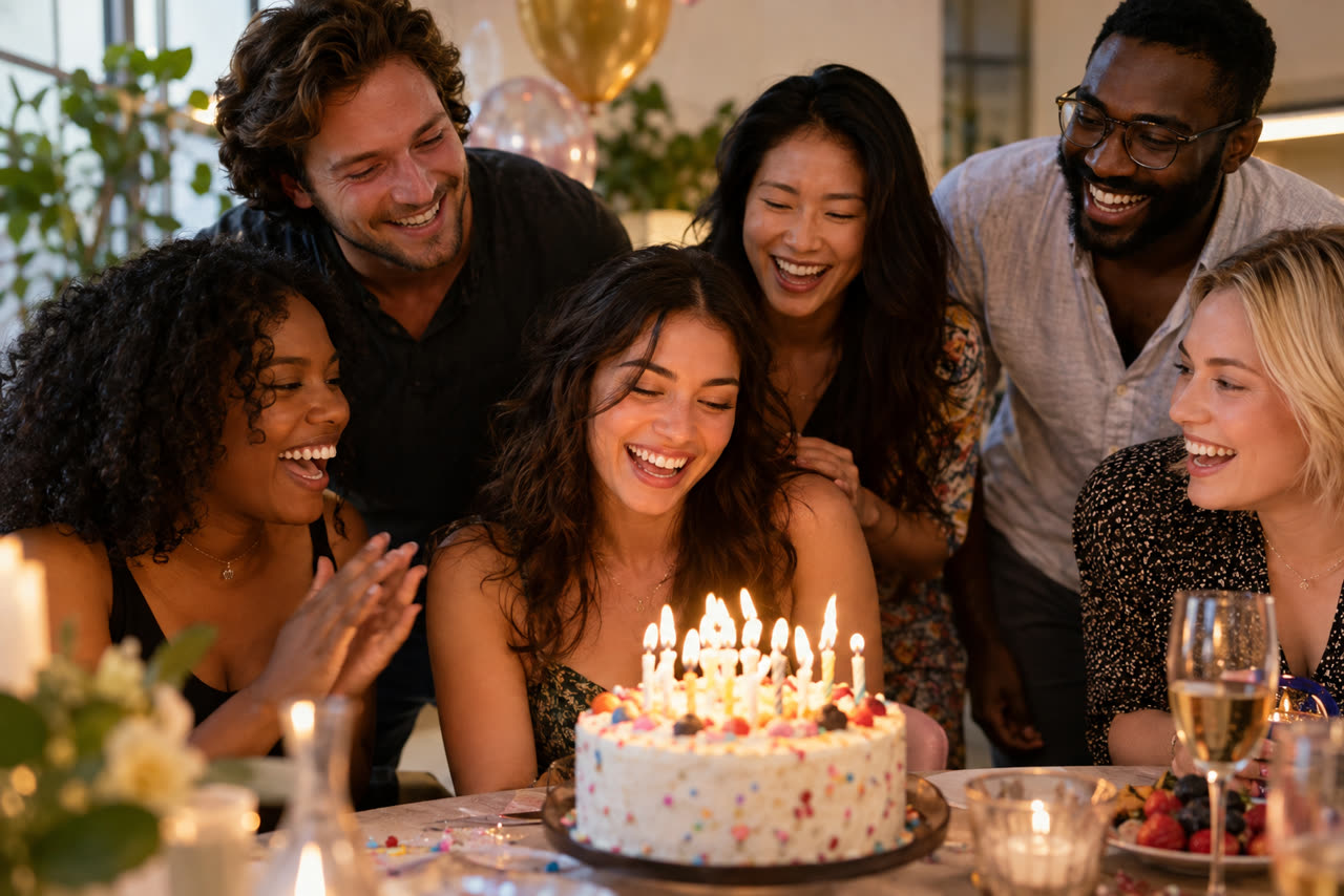 A birthday celebration with a cake and candles