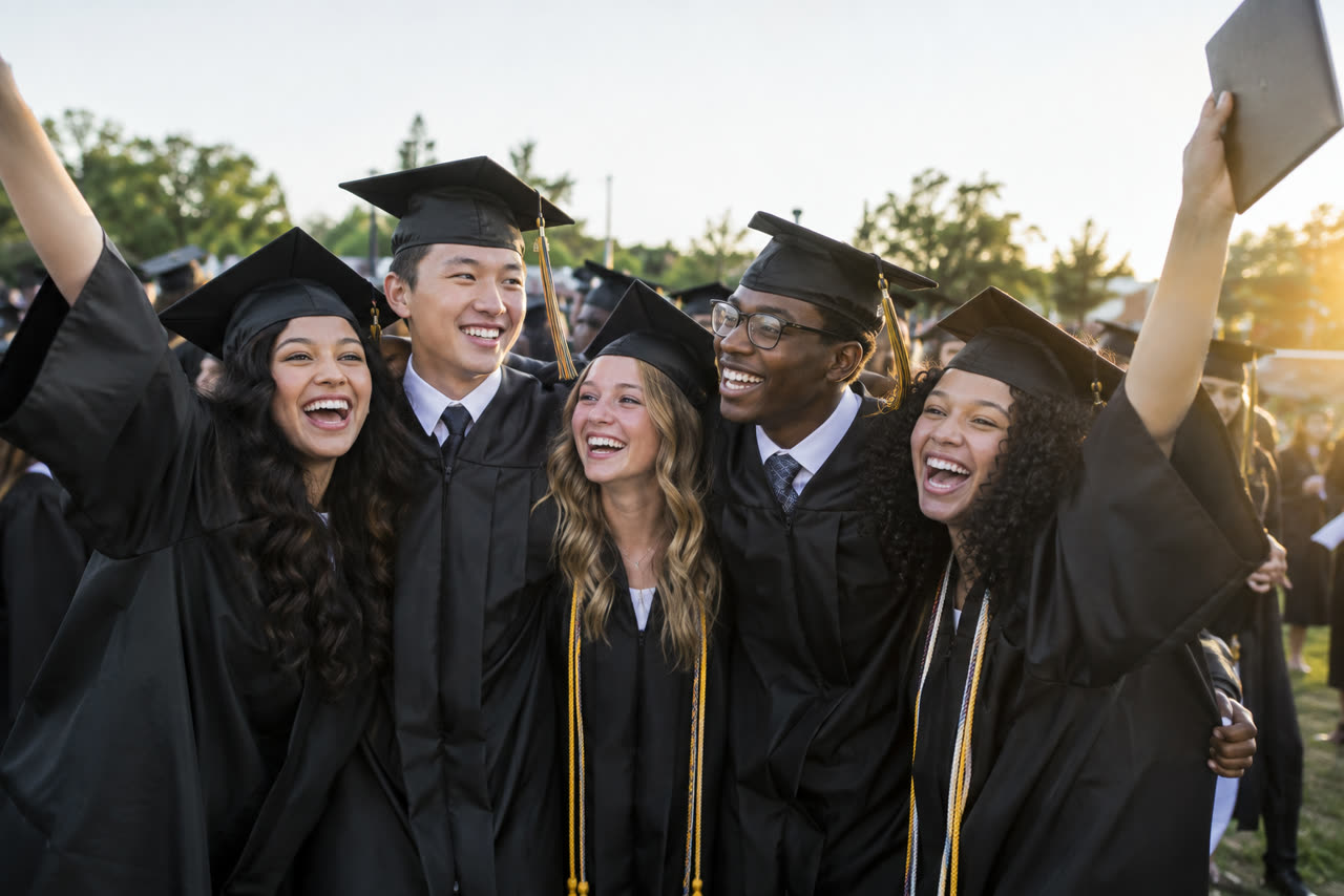 Graduates celebrating in caps and gowns