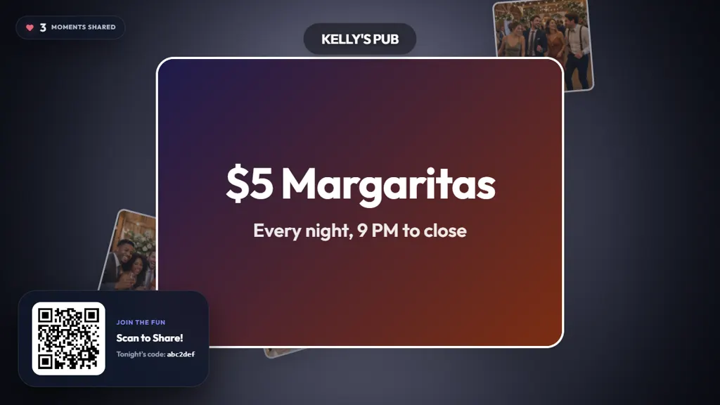 A PhotoWallz TV screen showing a $5 Margaritas slide with tonight's QR code in the corner